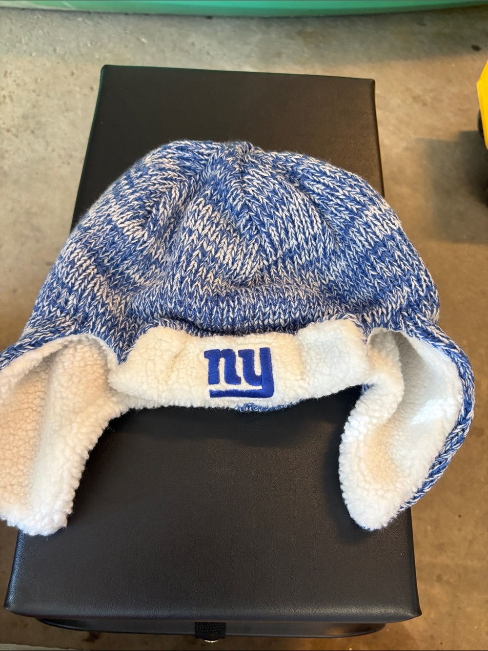 Reebok Blue and White Sherpa Earflap Beanie with NY Embroidery
